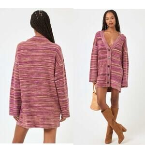 L Space‎ Striped Long Cardigan Pink Purple Open Knit Lounge Sweater